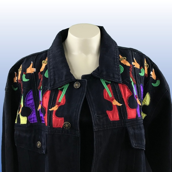 Vintage Cedars 80s Cellos Piano Art Deco Denim Jacket - Picture 8 of 8